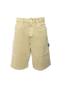 Shorts cargo in cotone beige con chiusura a bottone, cinque tasche e una decorazione a strisce sul lato. Tessuto morbido, lunghezza al ginocchio.