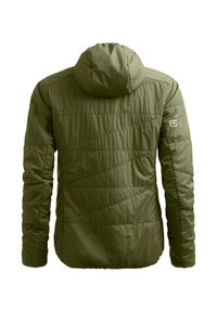 Olivgrüne gesteppte Jacke mit Kapuze, langen Ärmeln und dezenten diagonalen Steppnähten, Rückansicht.