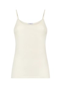 Camisola color crema con spalline sottili, scollo tondo e design aderente, realizzata in tessuto morbido e liscio. L'etichetta mostra "RAGNO".