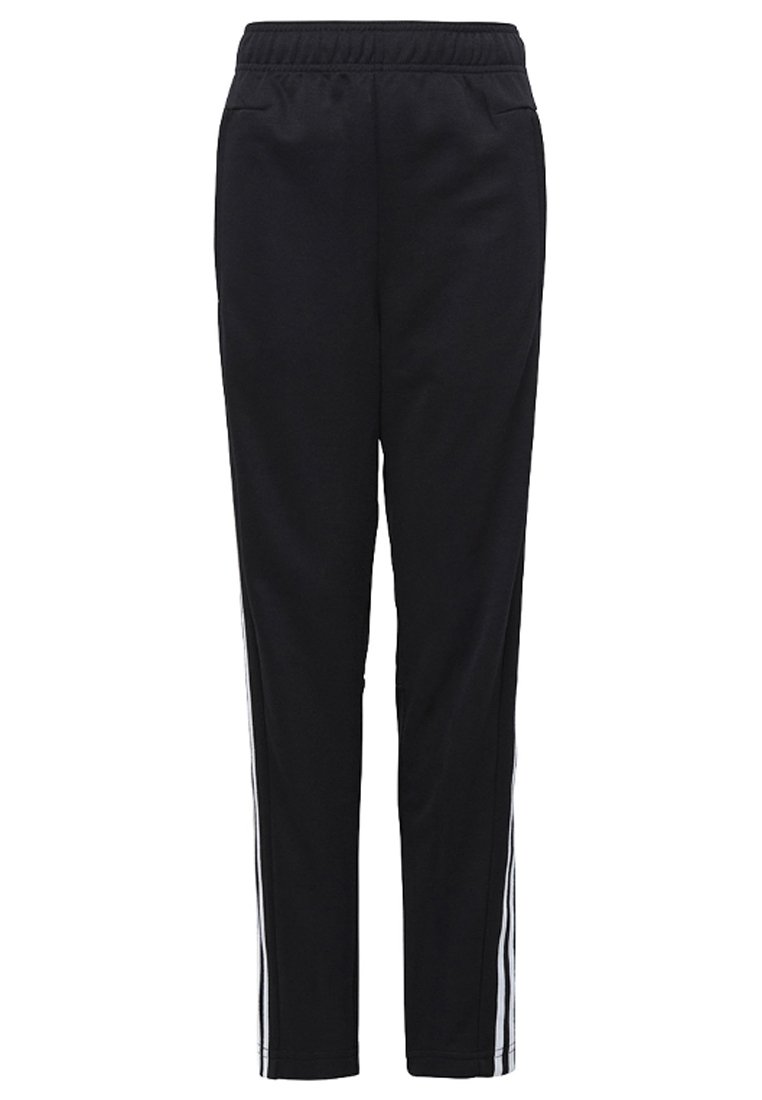 Pantalones deportivos negros con una cinturilla elástica, dos bolsillos laterales y rayas blancas a lo largo de las costuras exteriores para contraste. Textura de tela suave.