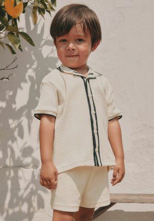 Young child with short brown hair wearing a cream knit shirt and shorts, standing outdoors near a lemon tree on a sunny day.
