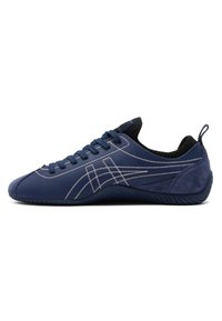 Navy athletic shoes featuring a combination of smooth and textured materials, with contrasting white stitching and a low-profile design.