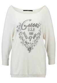 Weißes, übergroßes Sweatshirt mit Rundhalsausschnitt, schwarzen Blumenmustern und silbernen Akzenten sowie gerippten Bündchen an Ärmeln und Saum.