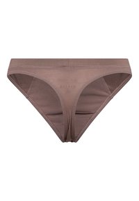 Brauner Baumwollstring mit glatter Textur, elastischem Bund und minimalen Nahtdetails. Das Rückendesign ist im klassischen Schnitt und bietet vollständige Abdeckung.