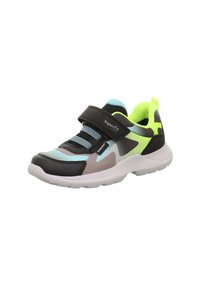 Black, blue, and neon green sneaker with mesh and synthetic material, features Velcro strap and patterned accents, lightweight outsole design.