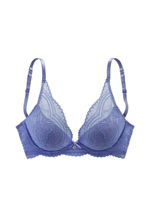 Soutien-gorge en dentelle violet clair avec bretelles ajustables, bords festonnés, motifs floraux et petit nœud central orné d'un charm.