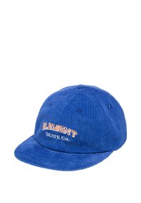 Cappellino da baseball in corduroy blu con visiera piatta, caratterizzato da ricami arancioni con la scritta "ELEMENT" e "SKATE CO." Tessuto testurizzato con fori di ventilazione.