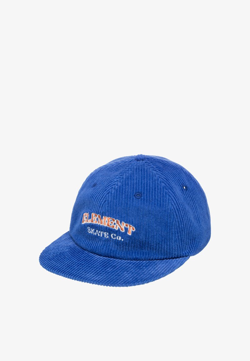 Casquette de baseball en velours côtelé bleu avec visière plate, ornée des inscriptions "ELEMENT" et "SKATE CO." brodées en orange. Tissu texturé avec des trous de ventilation.
