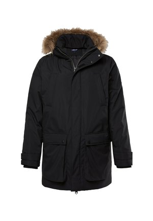 Parka noire avec capuche en fausse fourrure amovible, deux poches avant, fermeture éclair et poignets côtelés. Fabriquée en matériau isolant et résistant à l'eau.