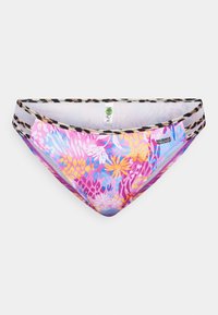 Gėlių bikini apatinė dalis, išsiskirianti ryškiomis rožinėmis, violetinėmis ir geltonomis spalvomis, su leopardiniu raštu apvadu ir minkšta, tampria medžiaga.