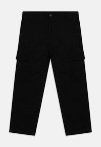 Black cargo pants with a straight cut, featuring two side pockets and reinforced knee areas. Made from durable fabric with visible stitching.