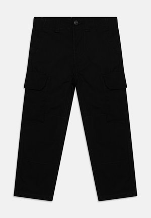 Black cargo pants with a straight cut, featuring two side pockets and reinforced knee areas. Made from durable fabric with visible stitching.