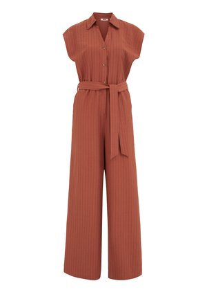 Ärmelloser Overall in rostfarben mit dünnen vertikalen Streifen, Knopfleiste vorne, spitzem Kragen, weitem Bein und passendem Stoffgürtel, der in der Taille gebunden ist.