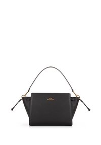 Schwarze Lederhandtasche mit strukturiertem Design, ausgestattet mit einem Oberhandgriff, goldfarbenem Logo und minimalistischen Akzenten. Strukturierte Oberfläche mit klaren Linien.