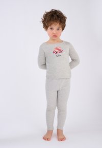 Set di pigiama in cotone grigio con maglietta a maniche lunghe decorata con un design di occhialini da nuoto e leggings abbinati, entrambi morbidi e aderenti.