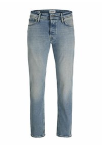 Jeans en denim bleu clair avec un design classique à cinq poches, coupe droite, accents décolorés sur les cuisses et fermeture à bouton.