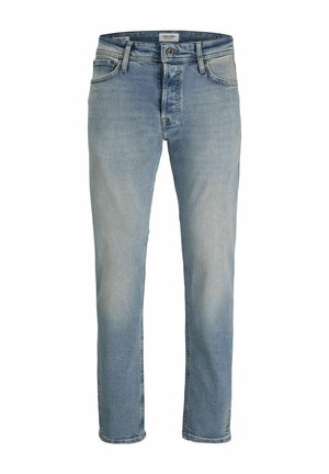 Hellblaue Denim-Jeans im klassischen Fünf-Taschen-Design, mit geradem Schnitt, ausgebleichten Akzenten an den Oberschenkeln und einem Knopfverschluss.