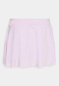 Falda acampanada de color púrpura claro, hecha de una tela suave, con una cinturilla ancha y un sutil detalle de plisado. Textura suave, diseño casual.