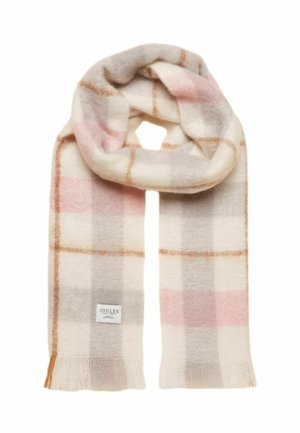 Weicher Wollschal mit einem pink-beige-grau karierten Muster, Fransen an den Enden und einem weißen Joules Markenetikett, das nahe am unteren Rand angenäht ist.