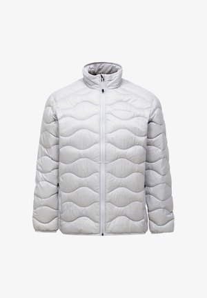 Light gray puffer jacket with a zip closure, featuring a quilted design with wavy patterns and a high collar. Soft, insulated fabric.