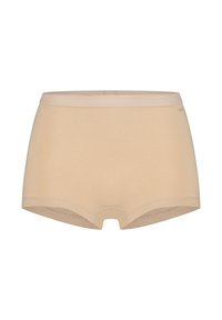 Sous-vêtements beiges de style hipster en coton mélangé doux, dotés d'une taille élastique lisse et d'une coupe simple sans motifs.