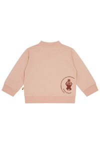 Lichtroze sweatshirt met een hoge kraag, lange mouwen en een speelse aap afbeelding op de achterkant. Zachte textuur en subtiele merkdetails.