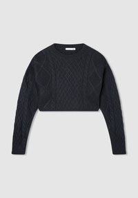 Maglione cropped a treccia di colore blu scuro, con maniche lunghe e scollatura rotonda, caratterizzato da motivi texture e polsini a coste.