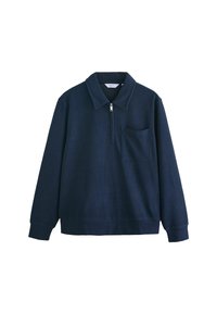 Pullover blu navy a maniche lunghe con zip a metà davanti, colletto a punta e una tasca sul petto.