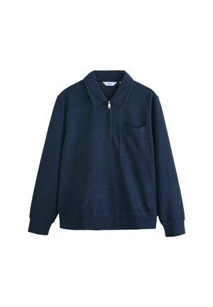 Dunkelblaues Langarm-Pullover mit halbem Reißverschluss vorne, umschlagenem Kragen und einer einzelnen Brusttasche.