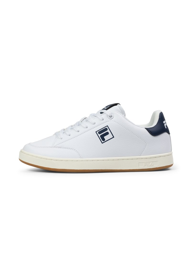 Białe skórzane sneakersy z gumową podeszwą, granatowymi akcentami, przeszywaną szwem i logo z boku. Okrągły design noska i sznurowane zapięcie.