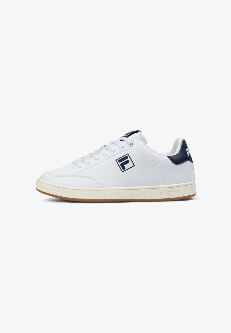 Białe skórzane sneakersy z gumową podeszwą, granatowymi akcentami, przeszywaną szwem i logo z boku. Okrągły design noska i sznurowane zapięcie.