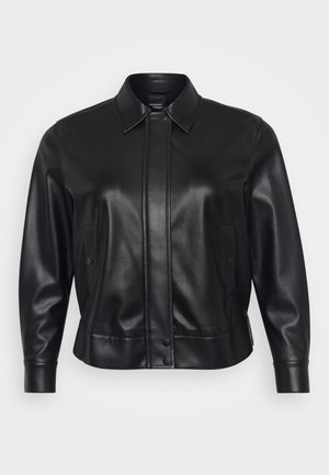 Melnas ādas jaka ar apkakli, pogām, sānu kabatām un pieguļošu siluetu. Gluda tekstūra ar minimālistiskiem dizaina elementiem.