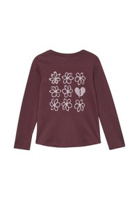 Bordeauxfarbiges Langarmhemd mit neun silberglitzernden Blumenmotiven und einem gebrochenen Herz-Design auf der Rückseite.