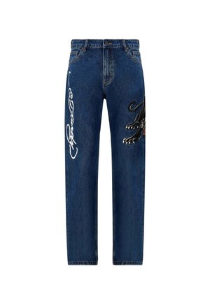 Dark blue denim jeans with straight legs, featuring white embroidered text on one side and a black embroidered design of a panther on the other.