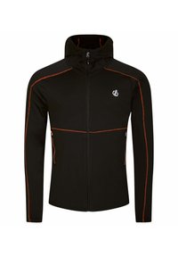 Schwarze Zip-Jacke mit Kapuze. Verfügt über orangefarbene Nähte und ein Logo, zwei mit Reißverschluss versehenen Taschen und ein tailliertes Design. Glatte Textur.
