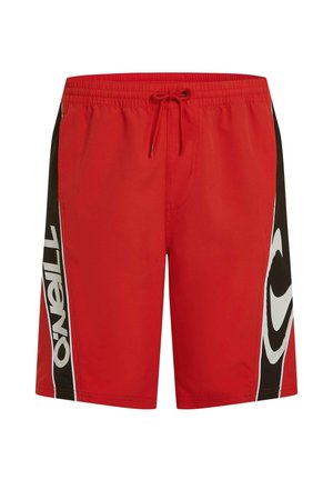 Rote Badeshorts mit elastischem Bund und verstellbarem Kordelzug. Schwarze Seitenteile mit weißem, markantem Logo. Weiche Textur.