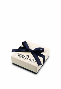 Scatola regalo Morellato con esterno crema, nastro blu navy, logo stampato in nero, forma quadrata, superficie liscia e base di contrasto.