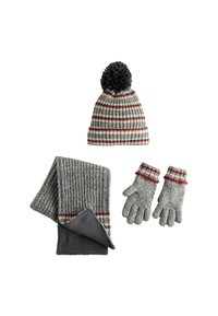 Strikket grå hat med en pom-pom, stribet mønster, matchende grå tørklæde og handsker med røde accenter og ribbet tekstur.