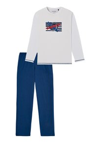 Long-sleeve white top with a circular graphic design in red and blue, paired with navy blue elastic-waist pants. Soft cotton fabric.