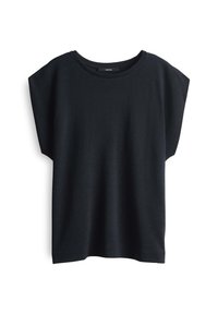 Haut noir à manches courtes, fabriqué en tissu doux avec une coupe ample, un col arrondi et un design à épaule tombante. Pas de motifs ni d'accents visibles.