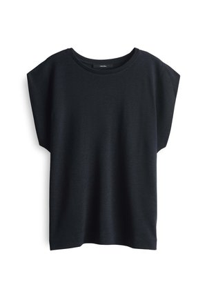 Zwarte shirt met korte mouwen, gemaakt van zachte stof met een losse pasvorm, ronde halslijn en een ontwerp met verlaagde schouder. Geen zichtbare patronen of accenten.