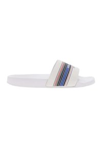 Sandalia deslizante blanca con una tira ancha que presenta rayas horizontales multicolores (rojo, azul y negro) y una plantilla texturizada para mayor agarre.