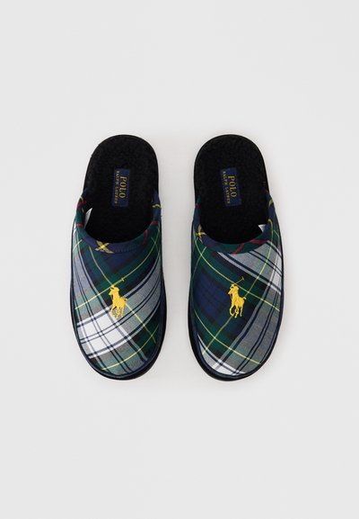 Polo Ralph Lauren ühekordsed kingad pliiatsikangast, millel on roheline, sinine ja valge muster, kollane logo ning mustad tallad.