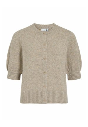 Lichtbeige gebreide cardigan met korte pofmouwen, geribde manchetten en zoom, voorzien van zes ronde knopen aan de voorkant. Casual ontwerp.