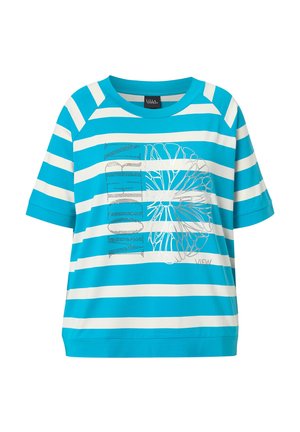 Blauw-wit gestreept shirt met korte mouwen en ronde hals, voorzien van een bloemenlijnontwerp en het woord "MODERN" in verticale tekst aan de voorkant.