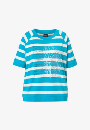 Blauw-wit gestreept shirt met korte mouwen en ronde hals, voorzien van een bloemenlijnontwerp en het woord "MODERN" in verticale tekst aan de voorkant.