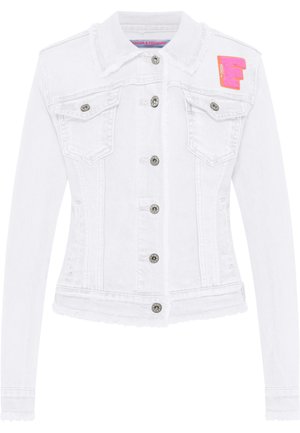 White fitted denim jacket with button closure, two chest pockets, frayed edges, and a pink and orange patch on the right shoulder.