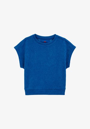 Kék, rövid ujjú felső textúrált mintával. Kerek nyakkivágással és laza szabással rendelkezik. Puha, könnyű anyagból készült.