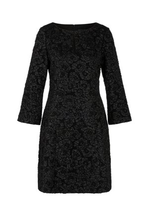 Schwarzes Kleid mit langen Ärmeln, strukturiertem Blumenmuster, rundem Ausschnitt und Reißverschluss hinten. Feminine Silhouette mit knielangem Abschluss.