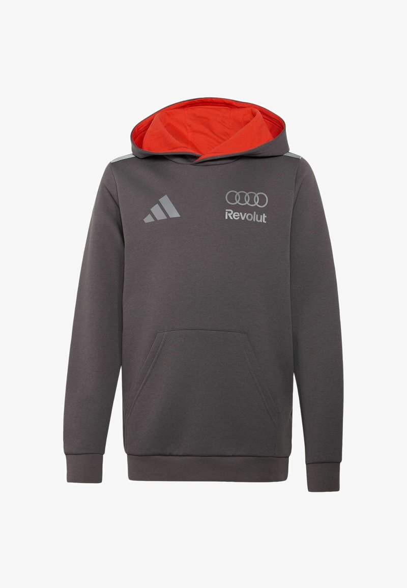 Dunkelgrauer Kapuzenpullover mit roter Innenkapuze, Fronttasche, Adidas-Logo auf der linken Brust und Revolut-Logo mit Audi-Ringen auf der rechten Brust.